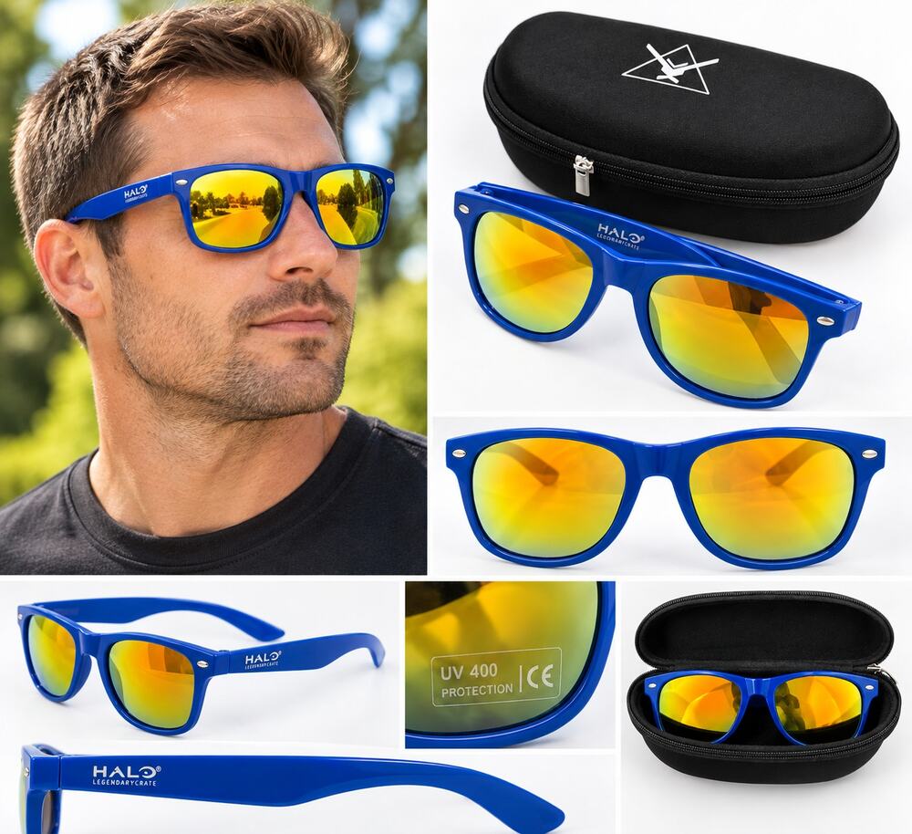HALO Legendary Crate Blue Mirrored Sunglasses with Protective Case – UV400